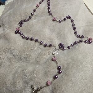 Purple Pearl Rosary With Purple Flower Accents